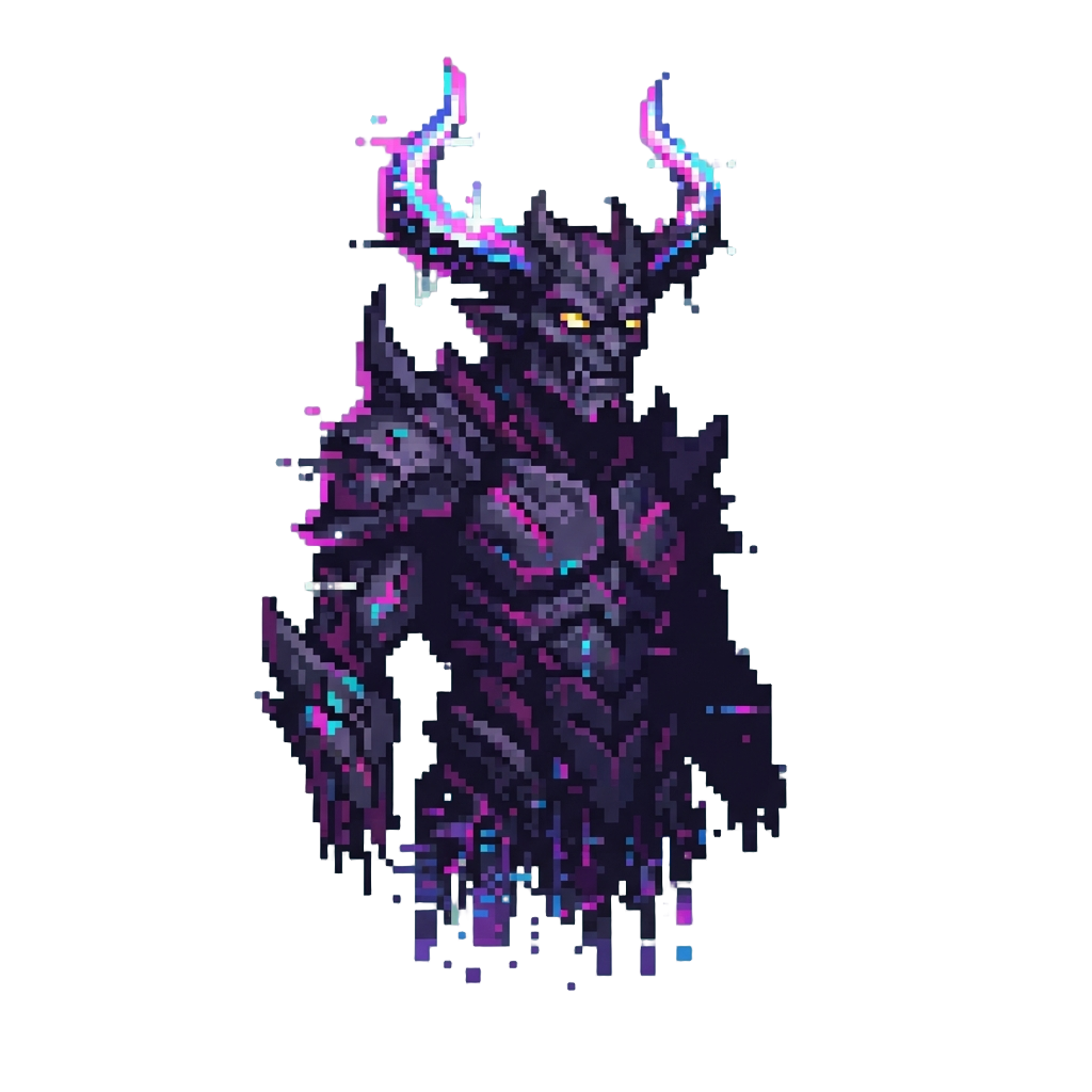 A Towering Glitch Demon with Flickering Neon Horns