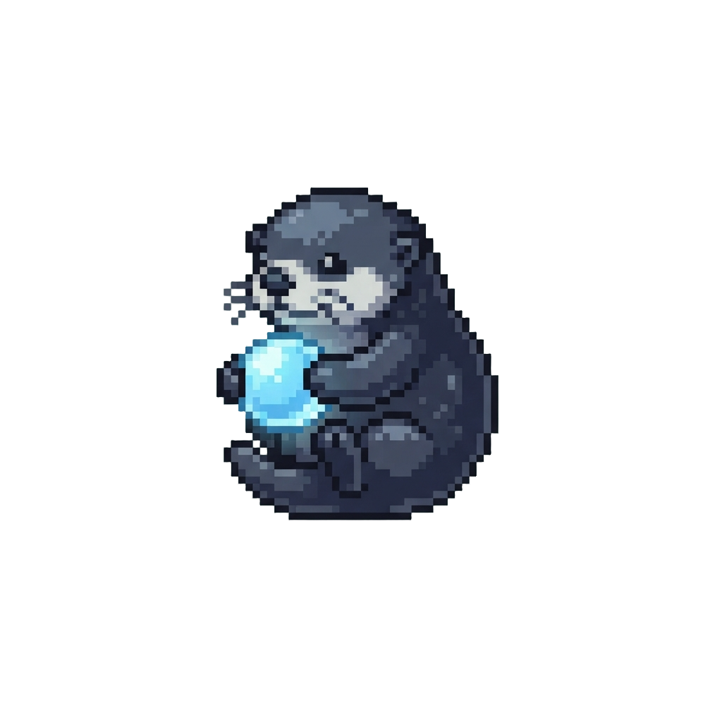 A Charming Midnight Velvet Sea Otter Holding a Glowing Icy-blue Pearl