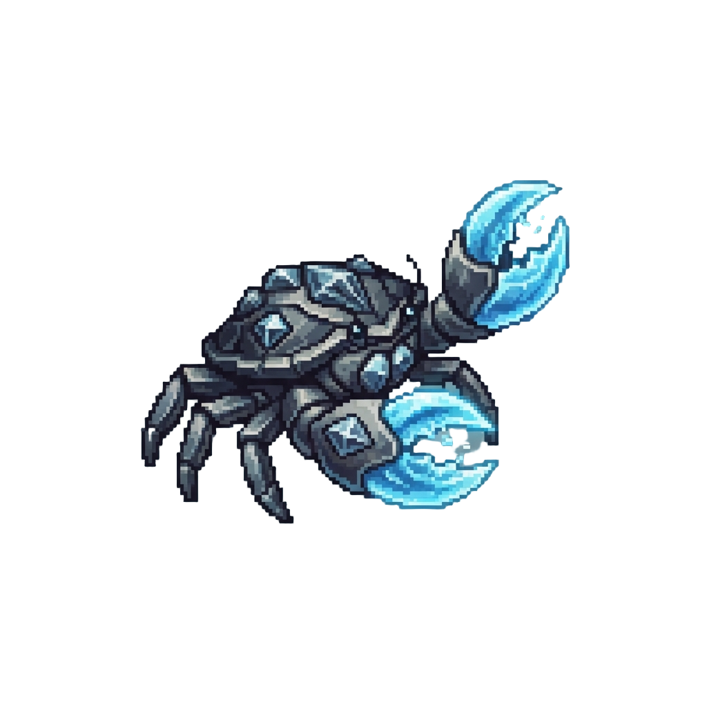 A Dark Titanium Diamond Crab Snapping Glowing Icy-blue Claws