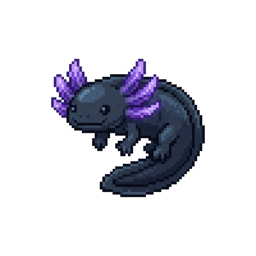 A Striking Deep Velvet-black Axolotl with Bioluminescent Violet Gills