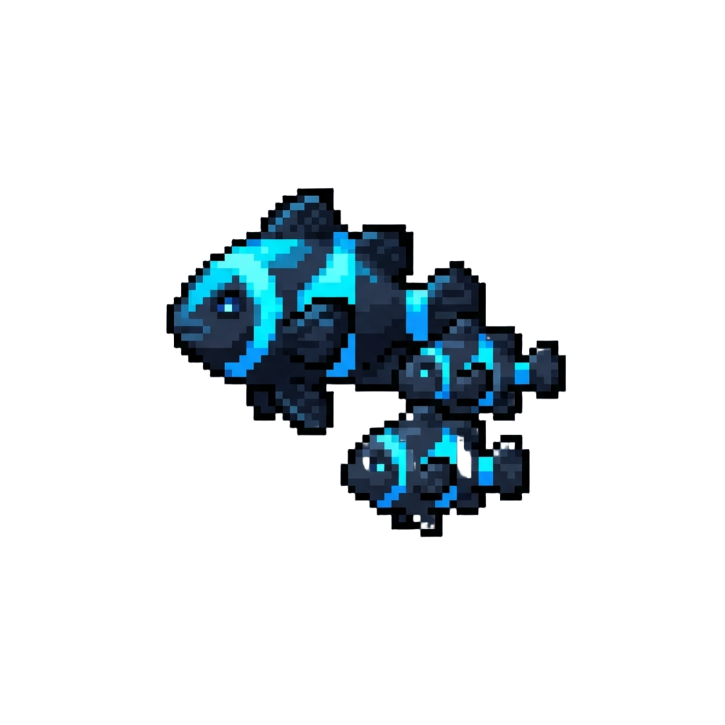 A Darting School of Abyssal Shadow Clownfish with Electric Neon Stripes
