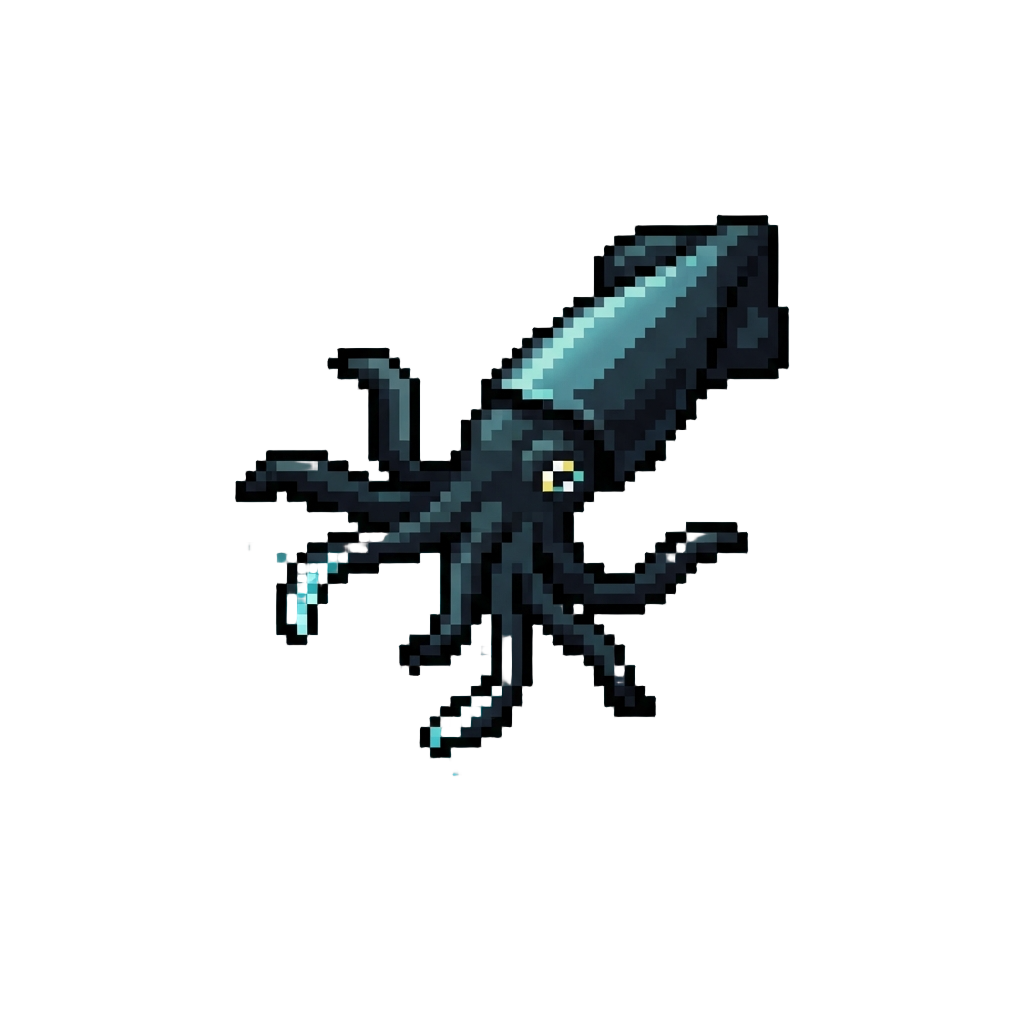 A Graceful Ink-black Moonlight Squid Spreading Glittering Cyan Ink