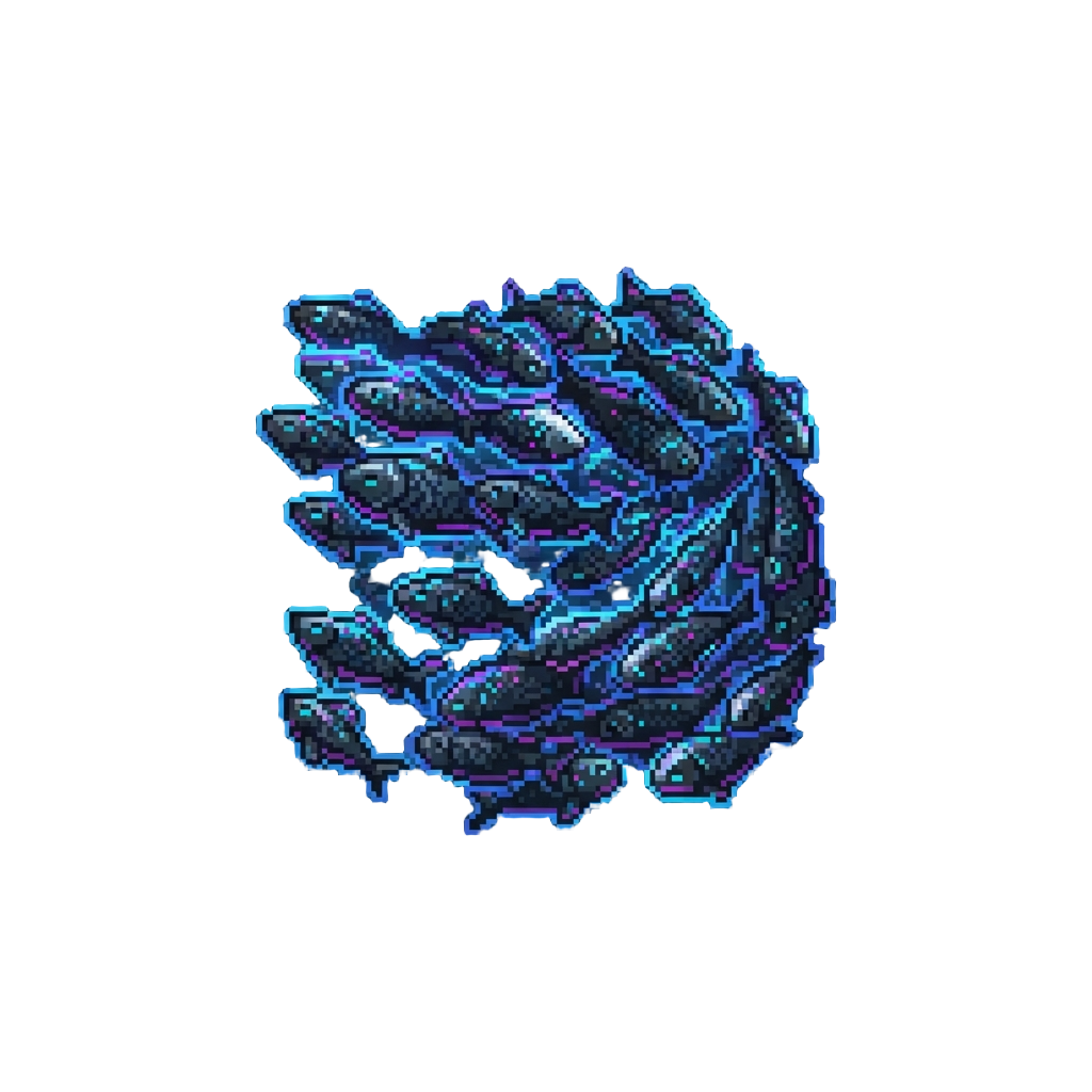 A Massive Shimmering School of Deep-sea Shadow Fish with Vivid Neon Outlines