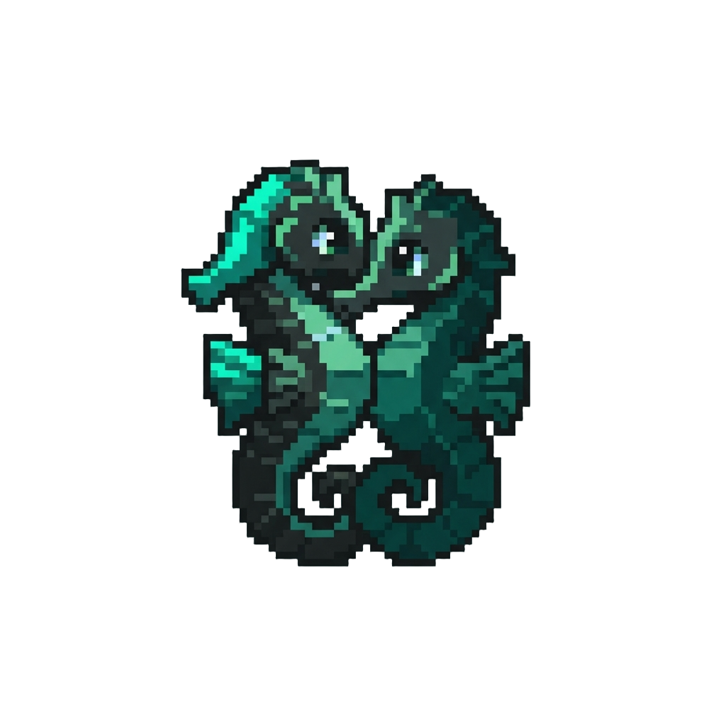 A Pair of Tiny Deep Obsidian-emerald Seahorses with Sharp Contrast Light