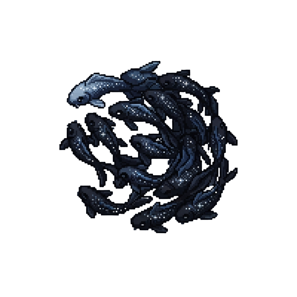 A School of Abyssal Ink-black Koi Fish Sparkling with Silver Starlight
