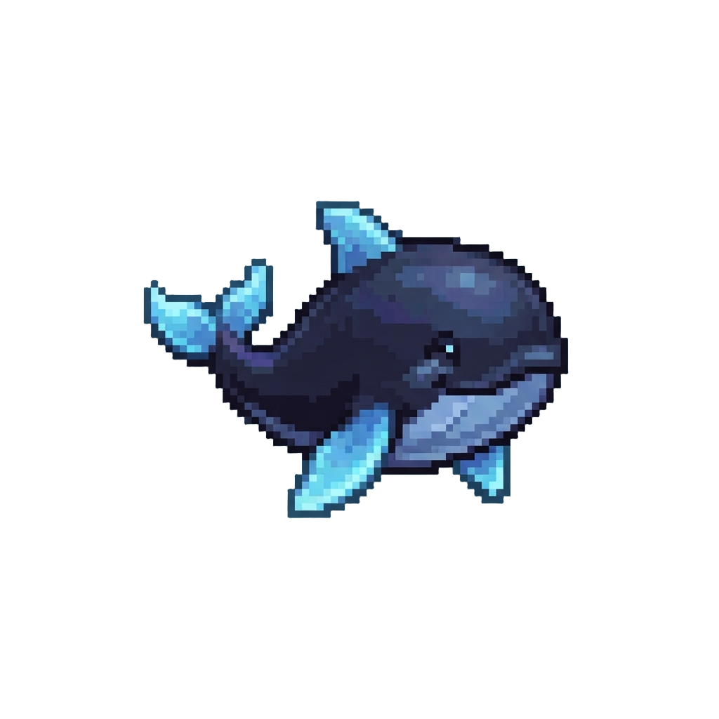 A Gentle Ink-black Iridescent Mini-whale with Glowing Icy Blue Fins