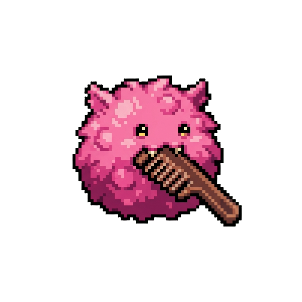A Pink Bubbly Monster Hairball Chewing on a Comb