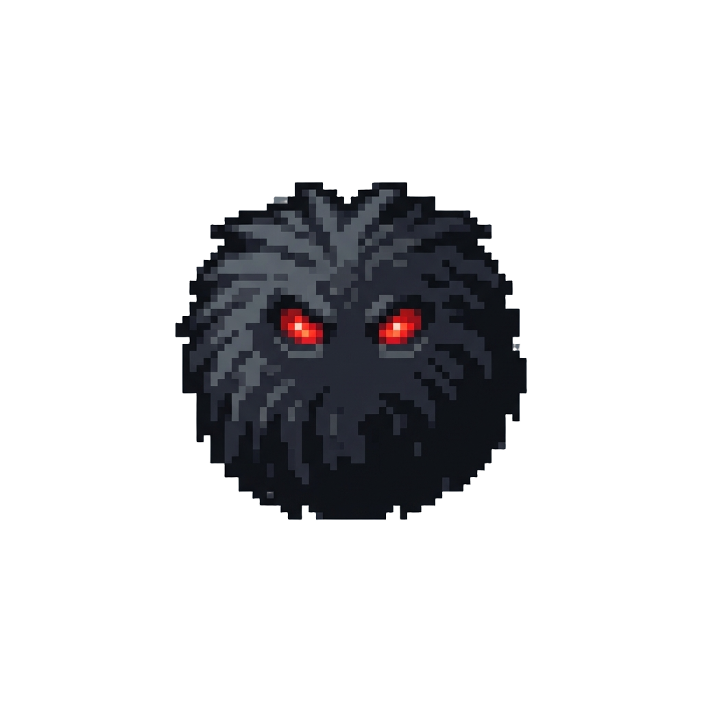A Pitch-black Fuzzball with Glowing Red Eyes