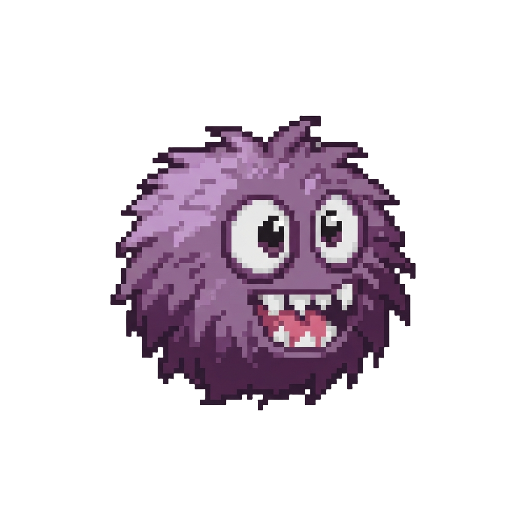 A Purple Fuzzy Hairball with Giant Eyes and Sharp Teeth