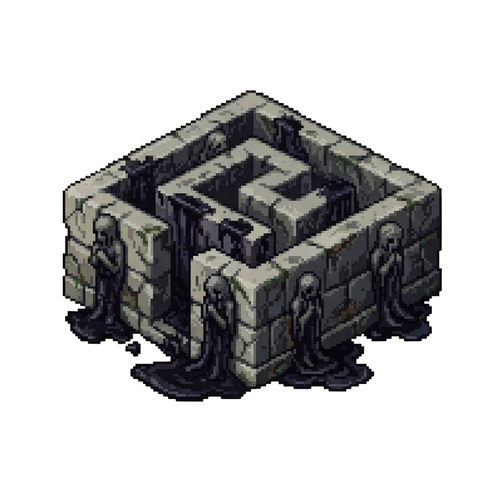 A Decaying Labyrinth of Weeping Stone Effigies Melting Into Tar