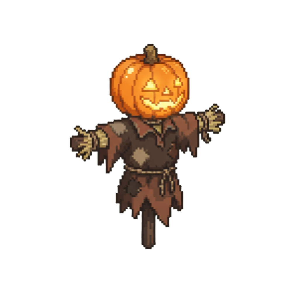 A Digital Scarecrow with an Illuminated Jack-o'-lantern Helm