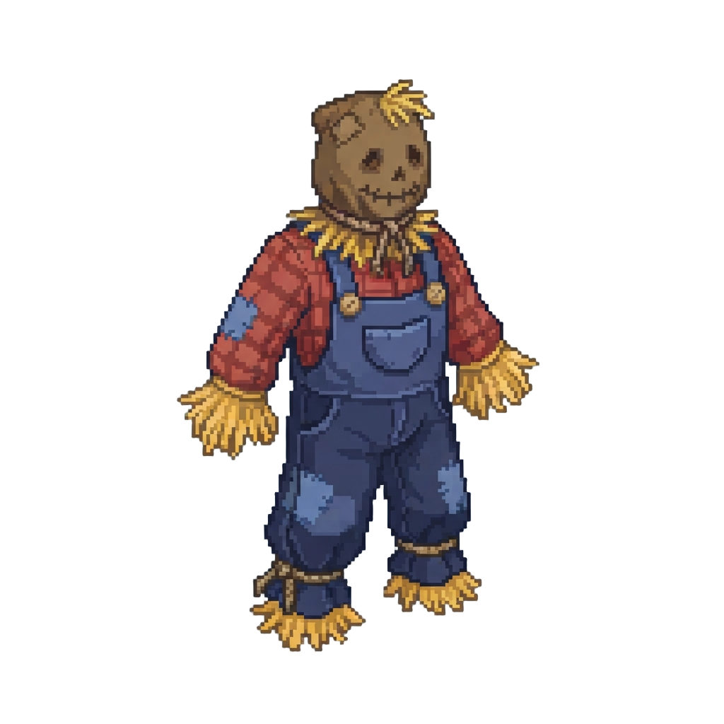 A Scarecrow Costume with Patchwork Overalls and Straw Trim
