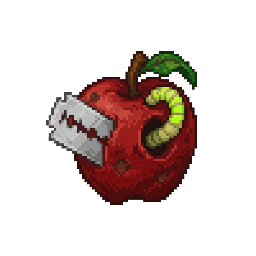 A Gross Wormy Apple with a Razor Blade