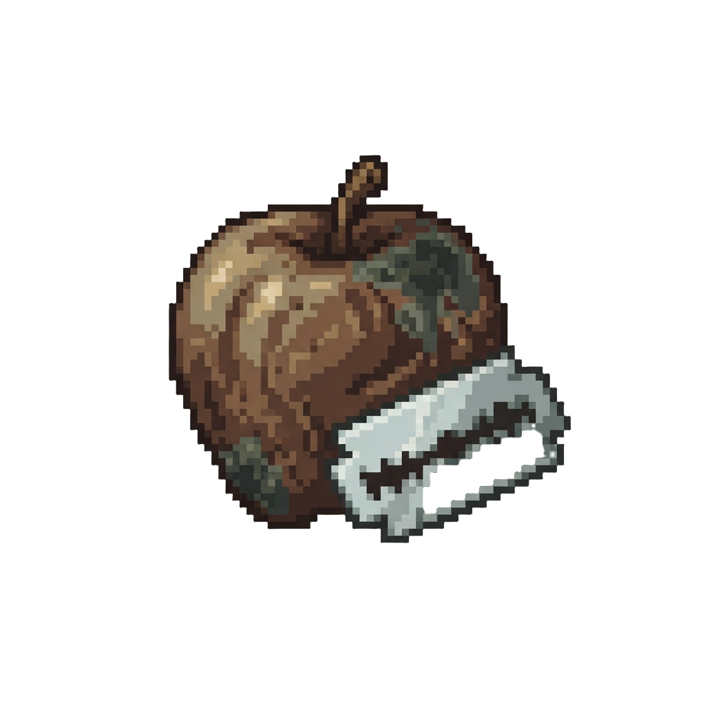 A Wilted Mouldy Apple Along with a Razor Blade