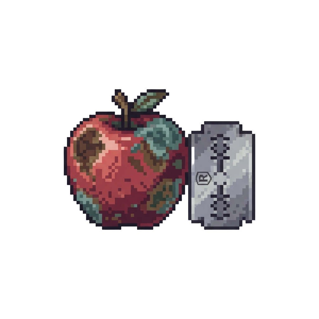 A Bruised Mouldy Apple Sitting Next to a Razor Blade