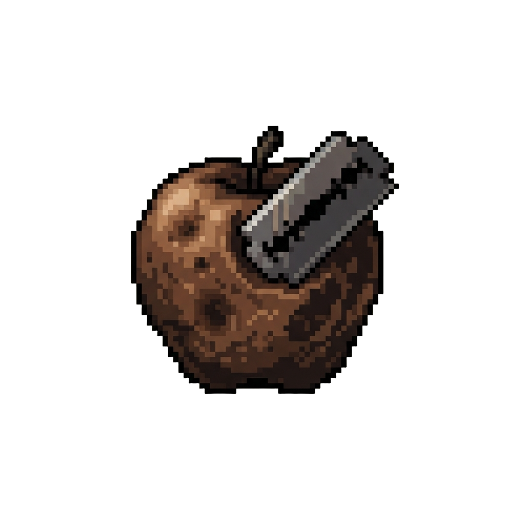 A Brown Decayed Apple and a Tiny Razor Blade