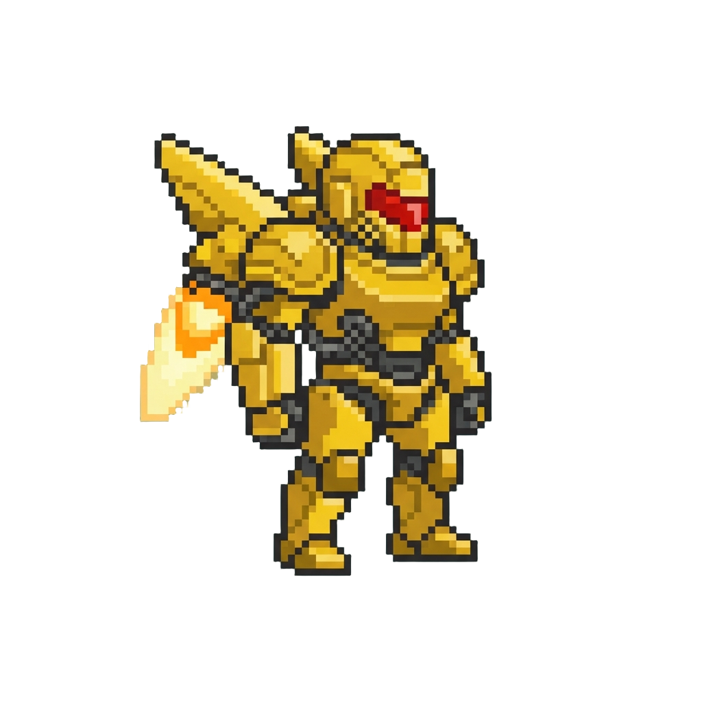 A Golden Mech Armor Suit with Pulsing Wing Boosters