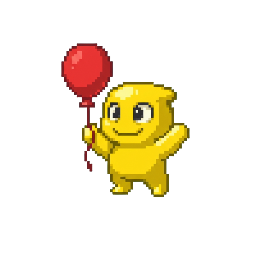 A Bright Yellow Partygoer Creature Holding a Balloon
