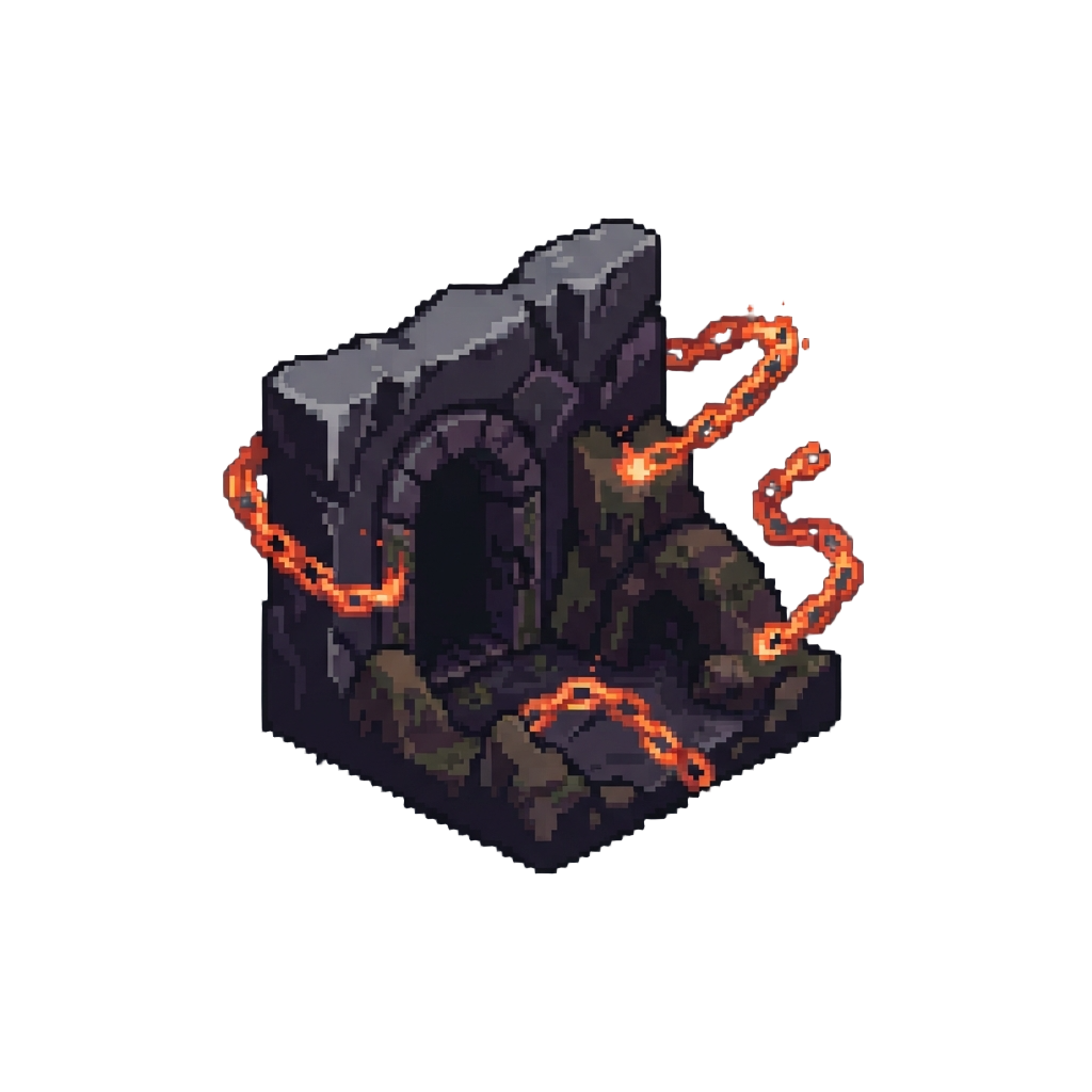 A Corrupted Dark Dungeon with Floating Fiery Chains