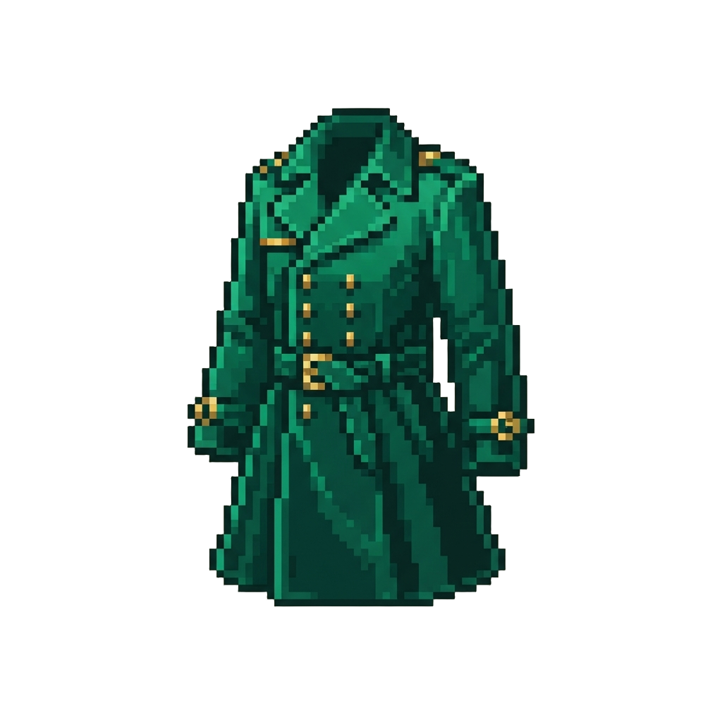 A Sleek Emerald Velvet Trench Coat with Golden Hardware