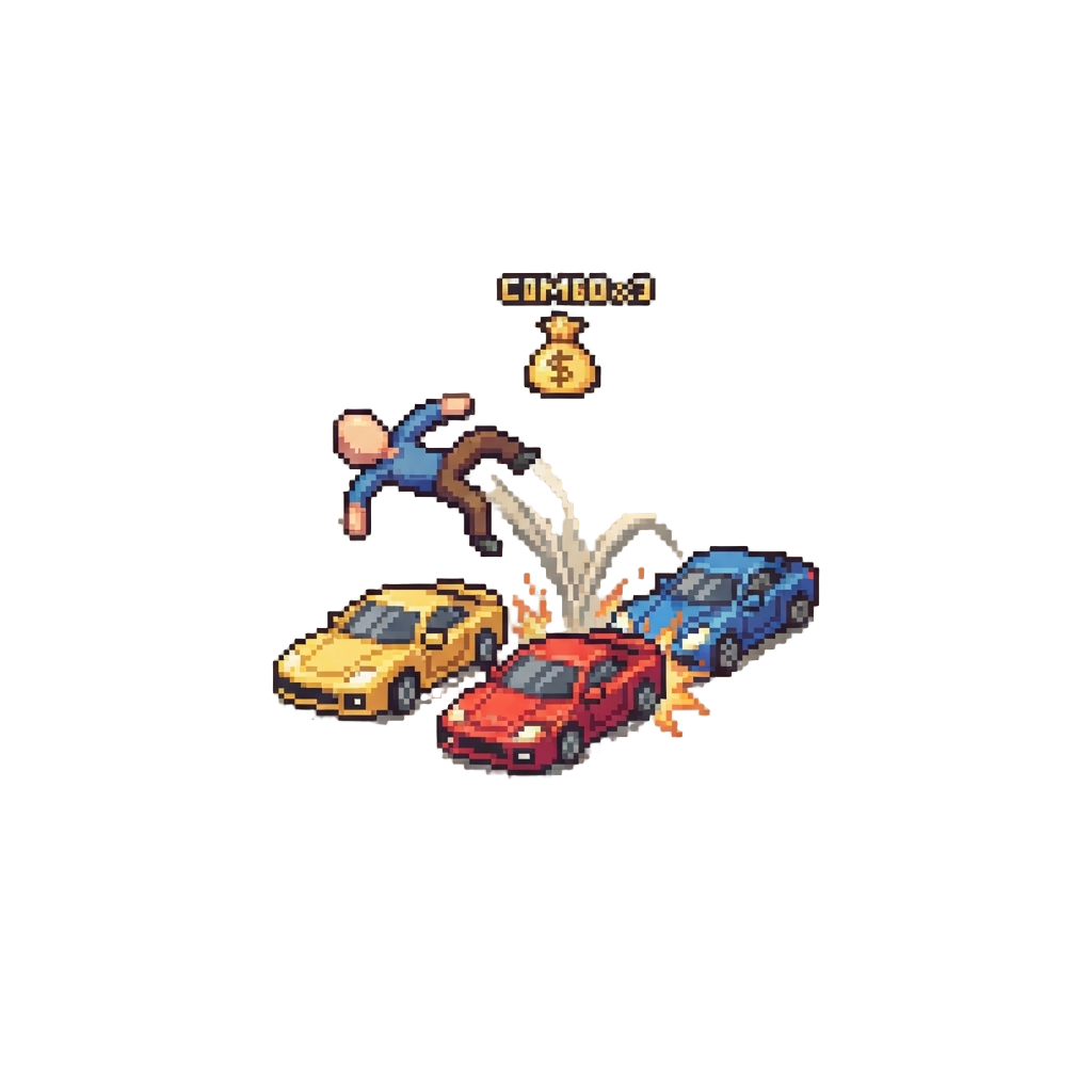 An Insurance Fraud Ragdoll Bounce Off Three Moving Sports Cars for Cash Combo Multipliers