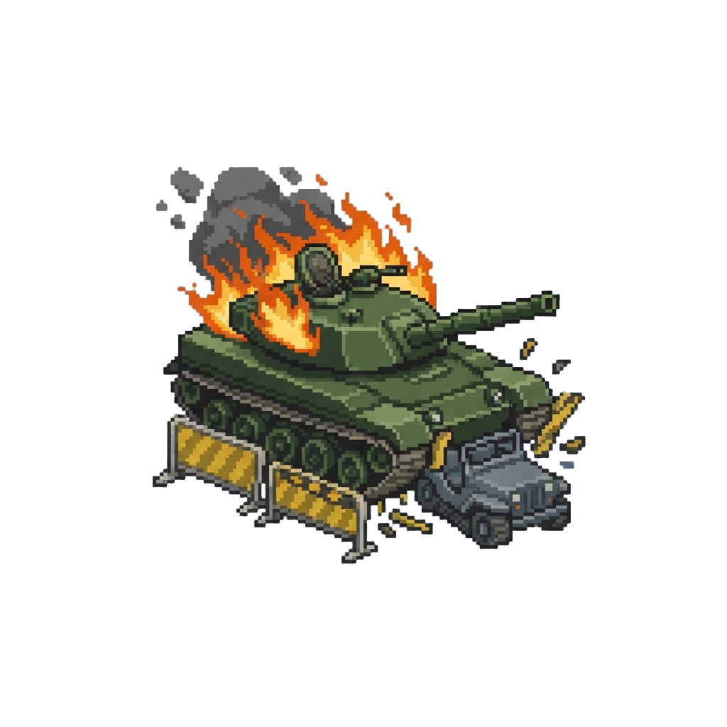 A Flaming Military Tank Crashing Through Street Barriers Into Enemy Vehicles