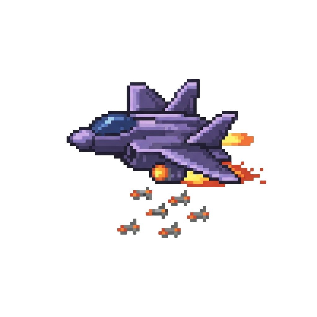 A Glowing Purple Vtol Fighter Jet Dropping Cluster Missiles in High-speed Low Flyby