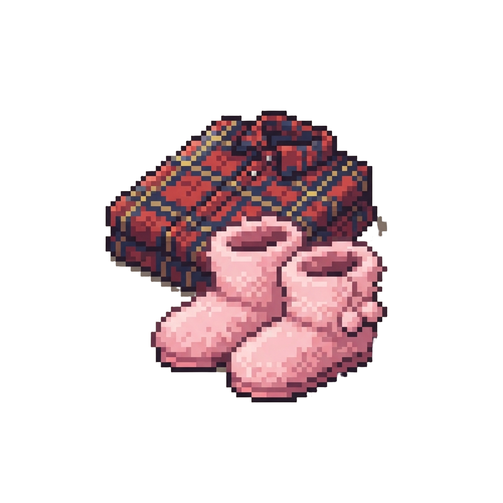 A Flannel Plaid Lounge Shirt with Oversized Fuzzy Pink Slipper Boots