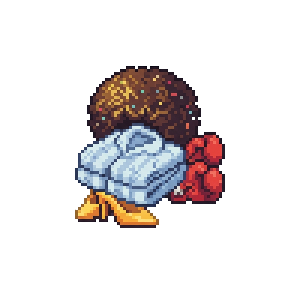 Golden Stiletto Heels with Baggy Fleece Pajamas, Boxing Gloves, and an Oversized Party Afro Wig