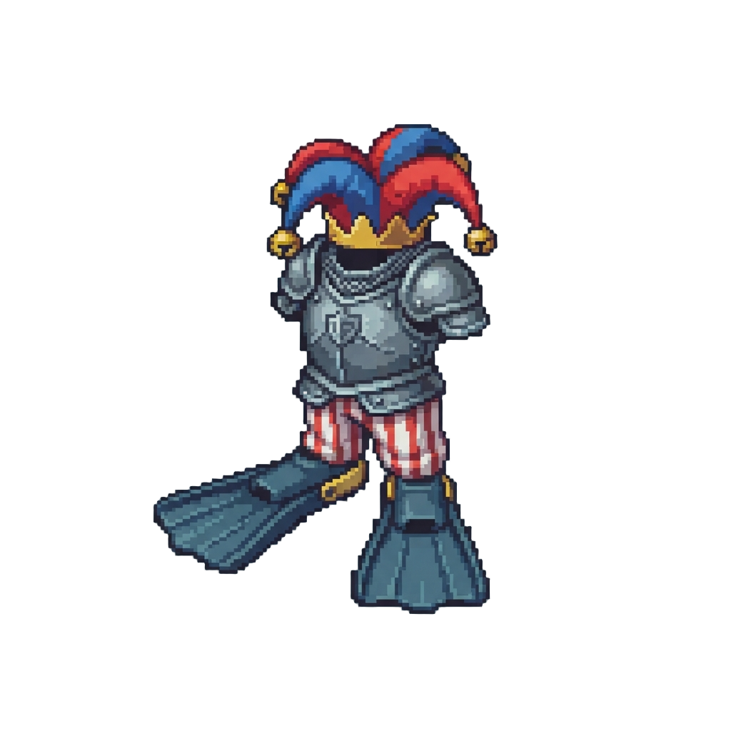 Giant Rubber Scuba Flippers with Pajama Bottoms, a Knight Chestplate, and a Jester Hat