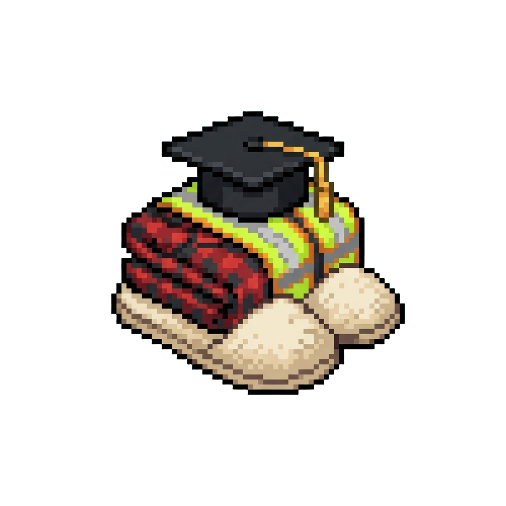 Fuzzy Hotel Slippers with Flannel Sleepwear, a Neon Construction Vest, and a Graduation Cap