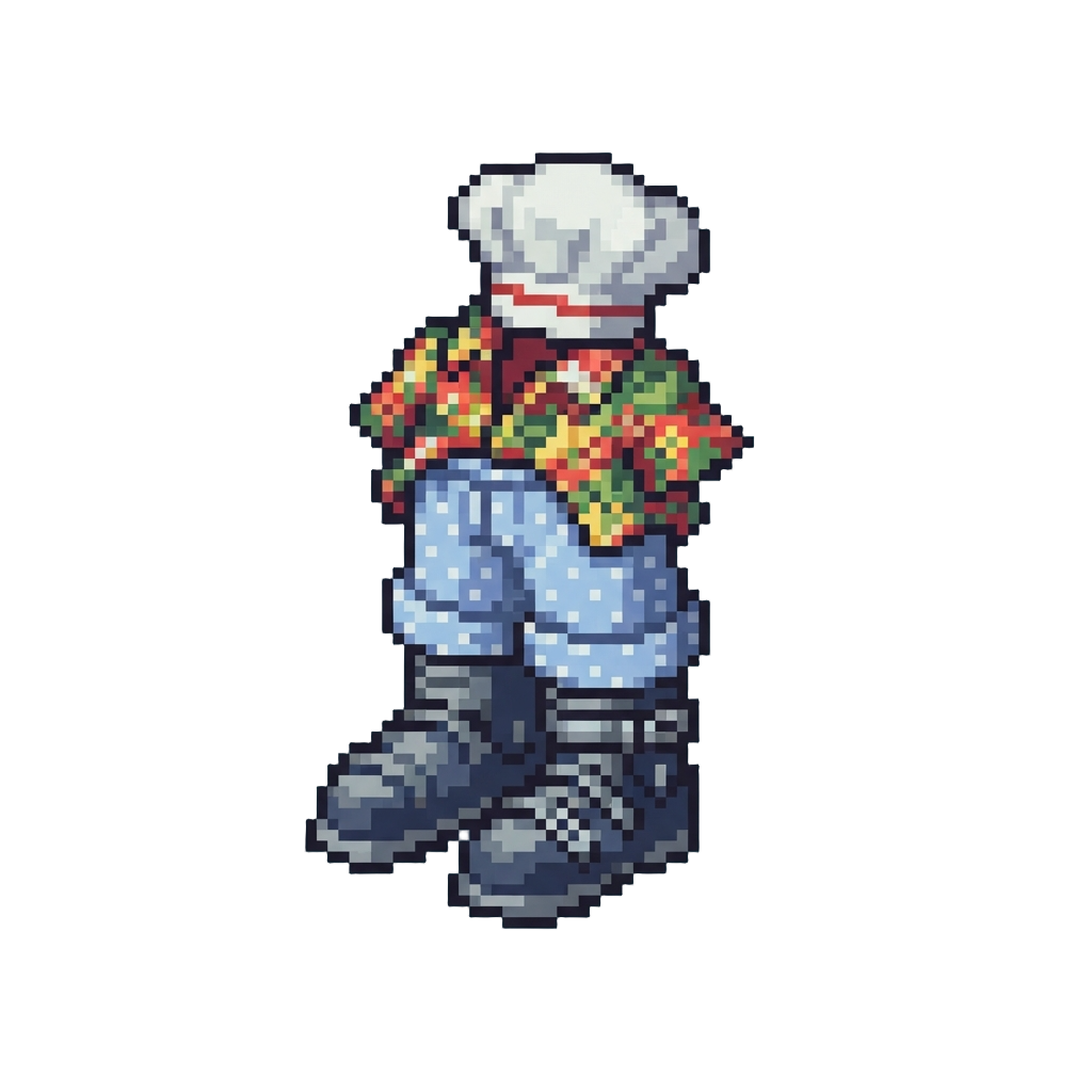Heavy Ski Boots with Polka-dot Pajama Pants, a Floral Hawaiian Shirt, and a Chef Toque