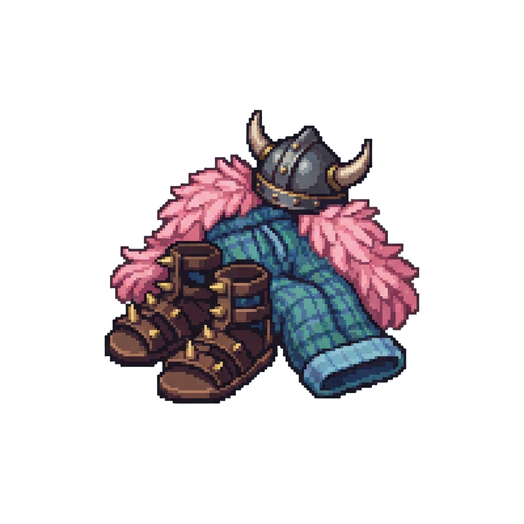 Spiked Gladiator Sandals with Plaid Pajama Pants, a Feathered Boa, and a Viking Helmet