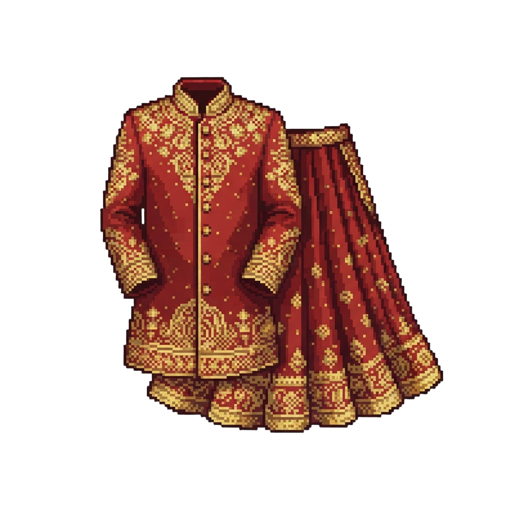 Indian Embroidered Silk Lehenga and Sherwani Draped with Golden Zari Threads