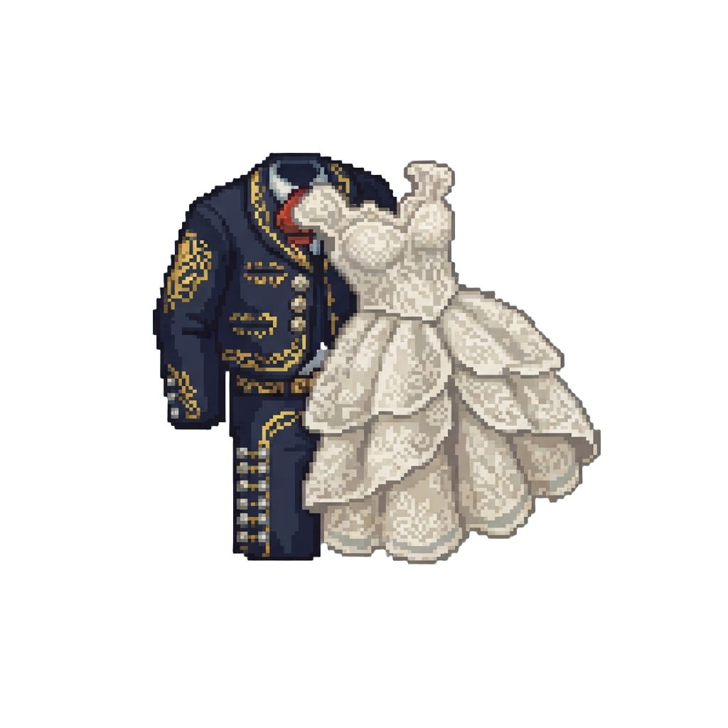 Mexican Traditional Embroidered Charro Suit and Handcrafted Delicate Lace Bridal Gown