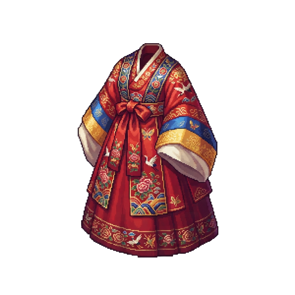 Korean Royal Court Wedding Hanbok Featuring Rich Red and Blue Silk Embroidery