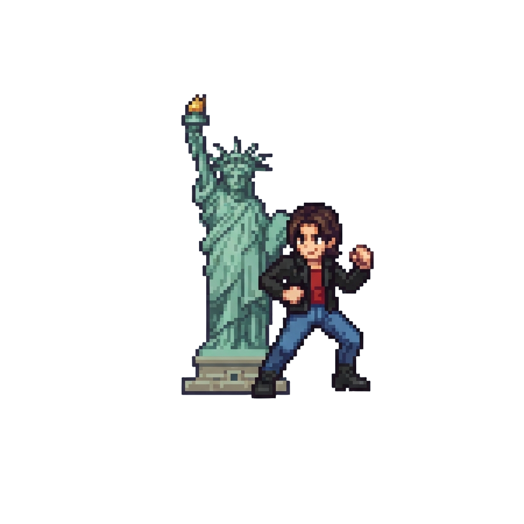 @image1 Posing Dramatically Next to the Statue of Liberty in New York Harbor