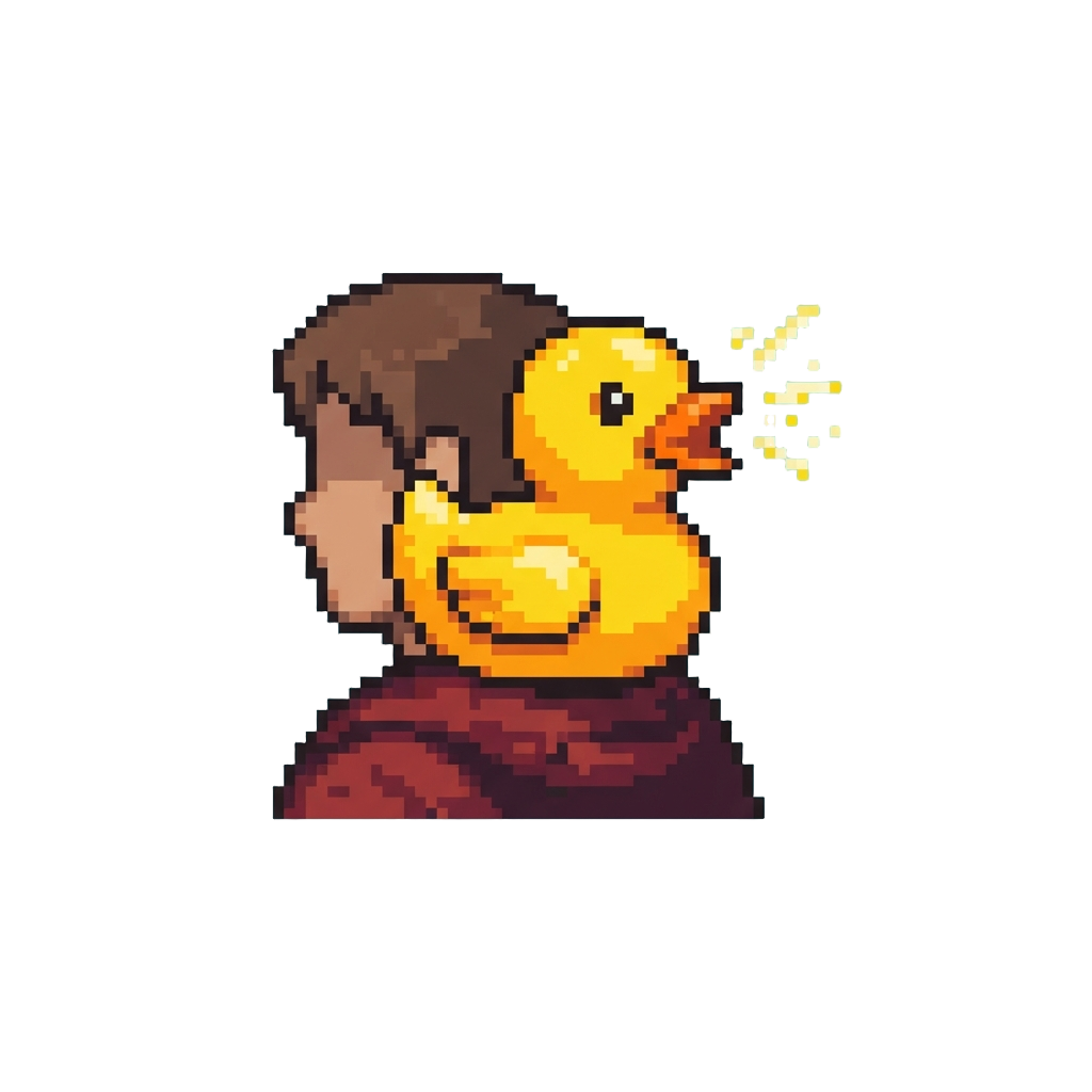 A Colorful Rubber Duckie Squeaking on His Shoulder