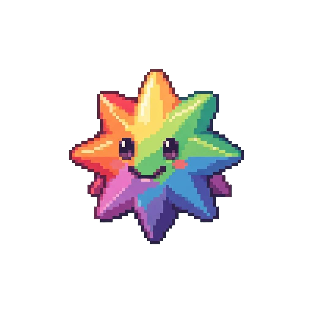 A Giant Smiling Pixel-art Starburst Flashing Rainbow Colors