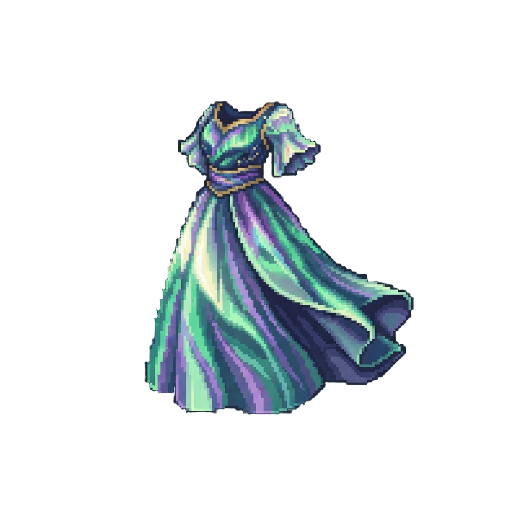 A Celestial Aurora Borealis Gown with Flowing Iridescent Emerald and Violet Waves