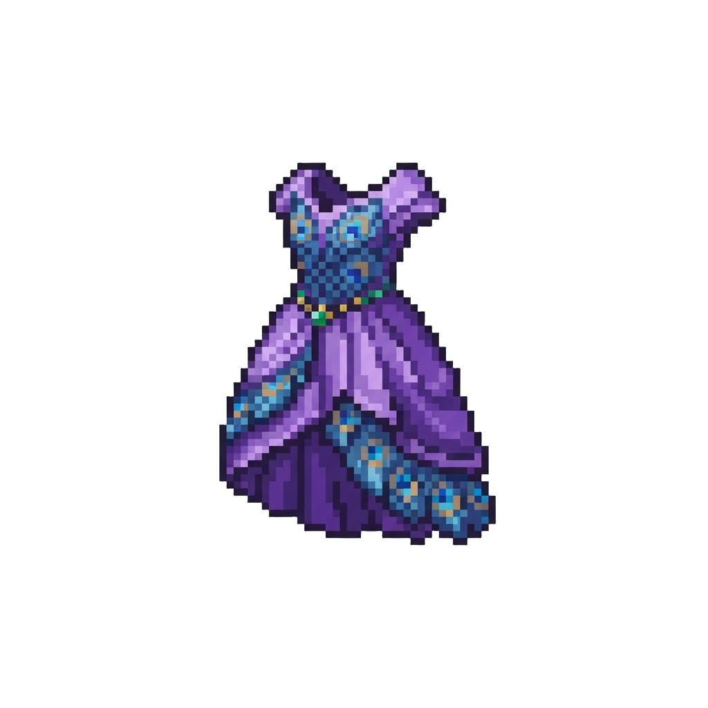 An Electric Violet Peacock Dress with Shimmering Azure Feather Accents