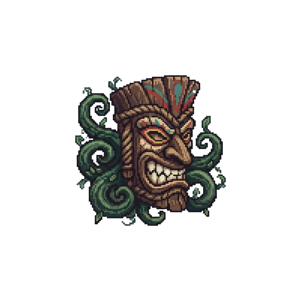 A Wicked Grinning Tiki Mask with Swirling Vine Tentacles