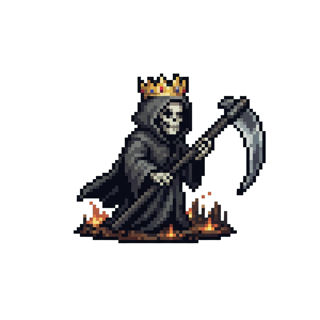A Crowned Grim Reaper Wielding a Scythe Over an Apocalyptic Burning Wasteland