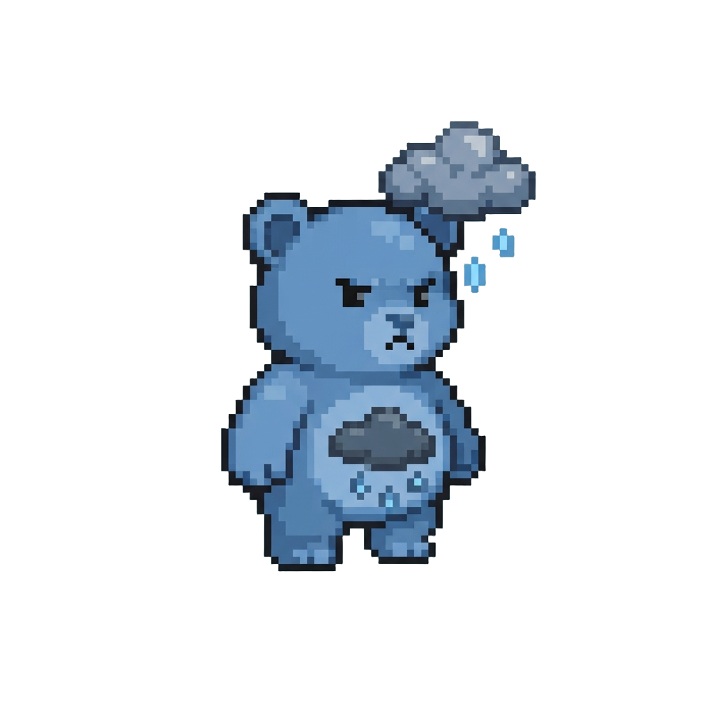A Grumpy Blue Raincloud Bear with a Cute Stormcloud Tummy Patch