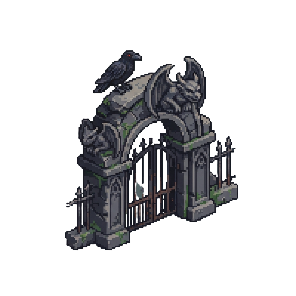 A Gothic Cemetery Gateway Choked with Crumbling Gargoyles and Ravens