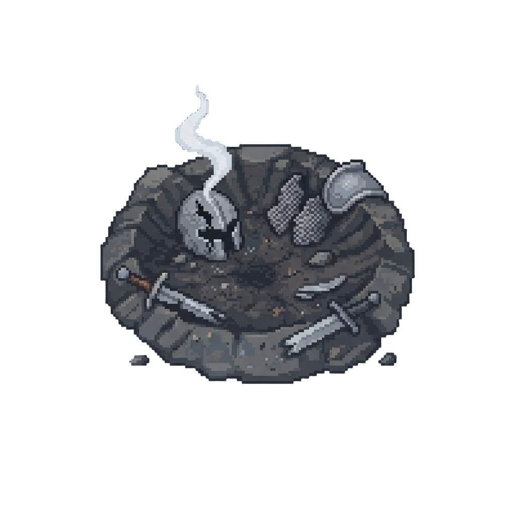 A Smoking Battlefield Crater Littered with Shattered Armor and Swords