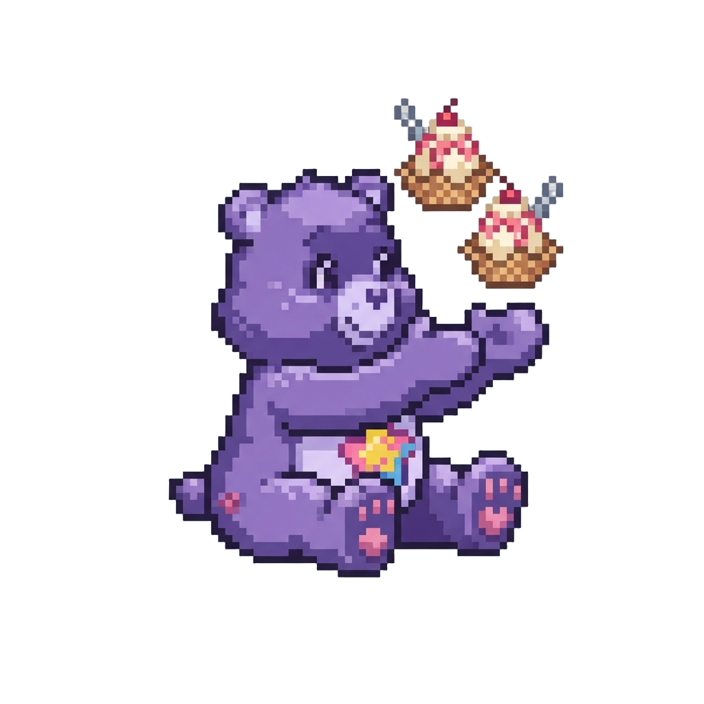 A Purple Share-a-lot Bear Offering Up Twin Floating Ice Cream Sundaes
