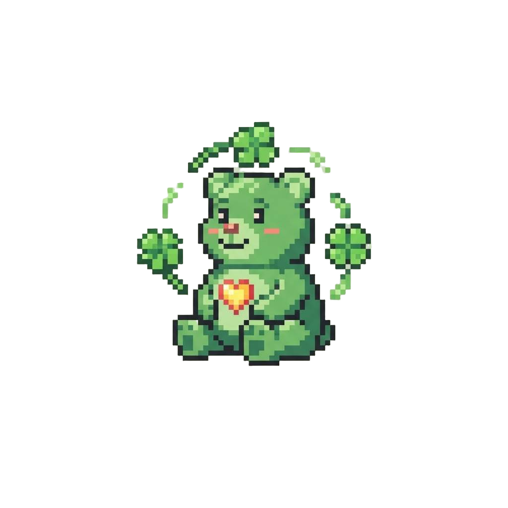 A Tender-hearted Green Bear Surrounded by Floating Lucky Four-leaf Clovers