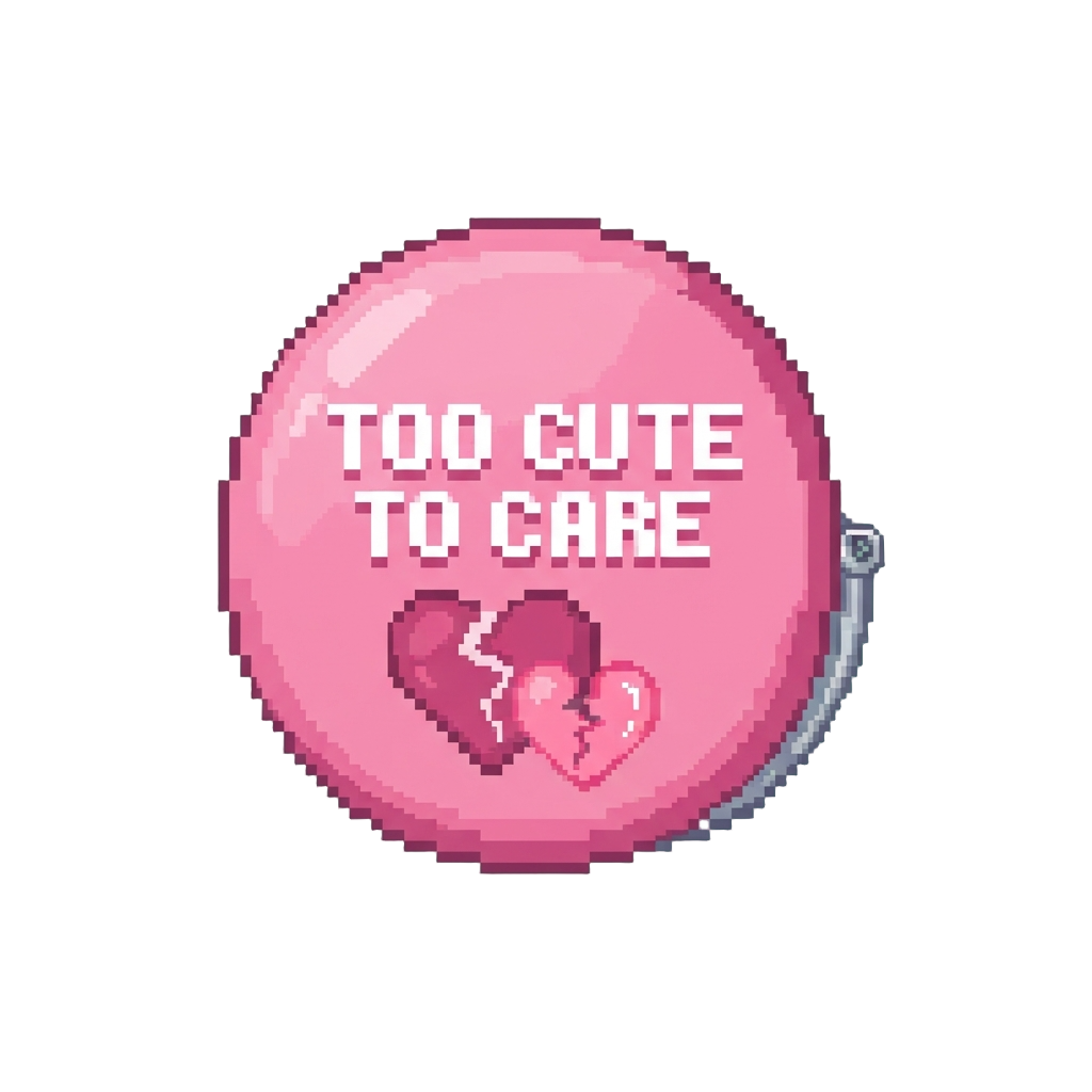 A Bubblegum-pink Decal Shouting 'too Cute to Care' Over Cracked Hearts