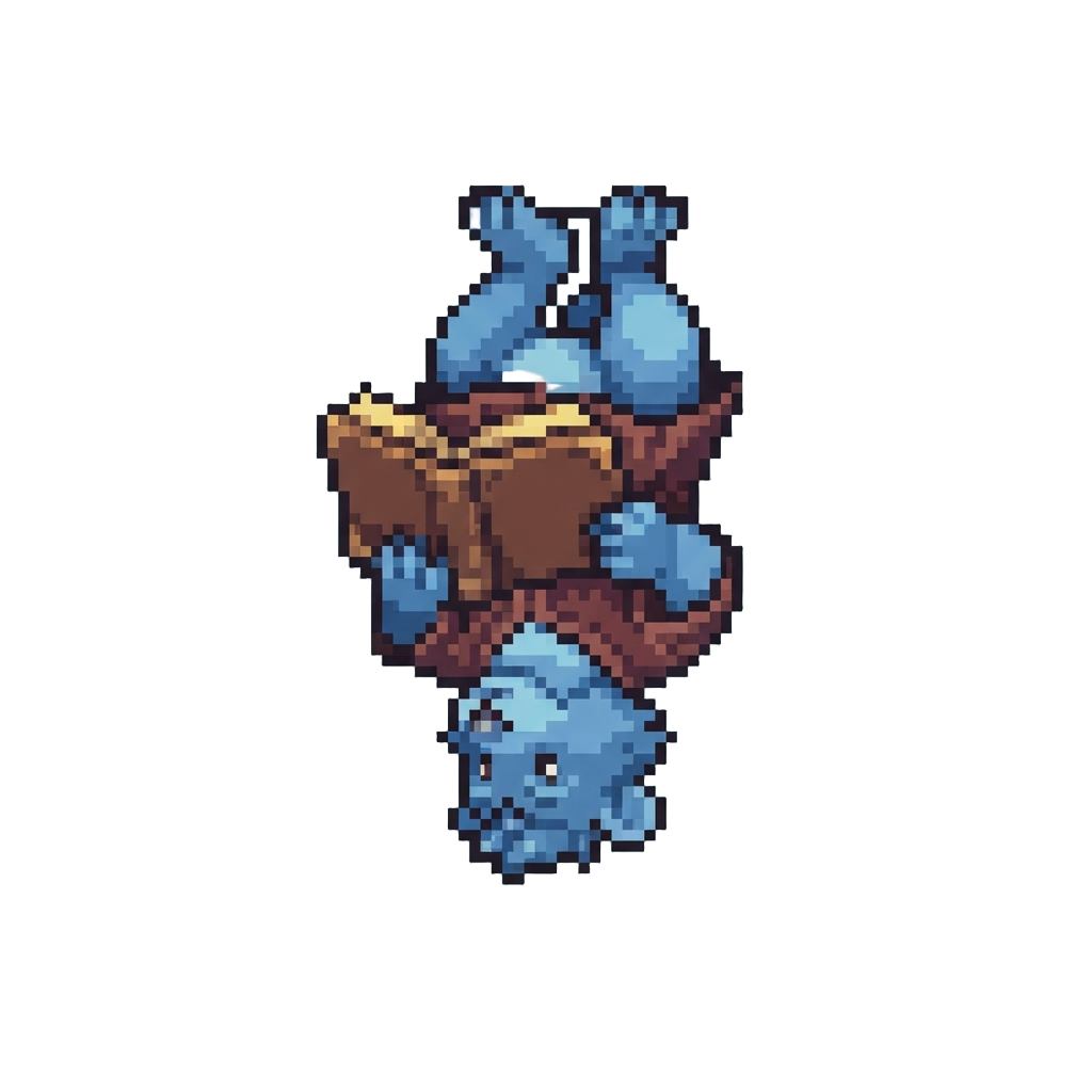 A Blue-furred Beast Hanging Upside-down Reading an Oversized Book
